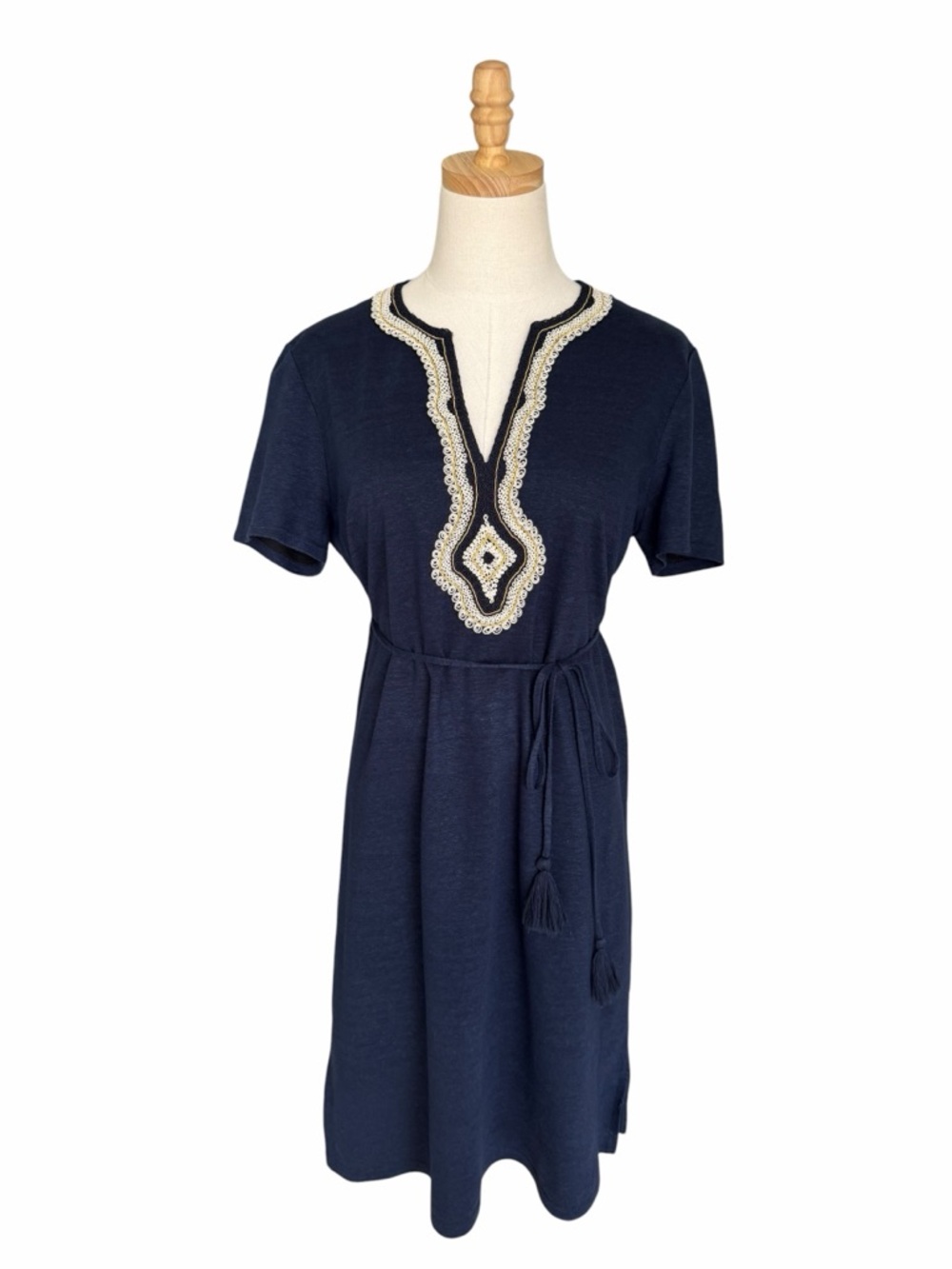 Tory Burch Liliana Soutache Linen Dress Navy Blue Size Medium